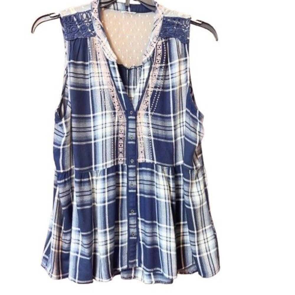 Women's Target Brand Plaid Tunic Sleeveless Top Navy & White Pink Embroidery
